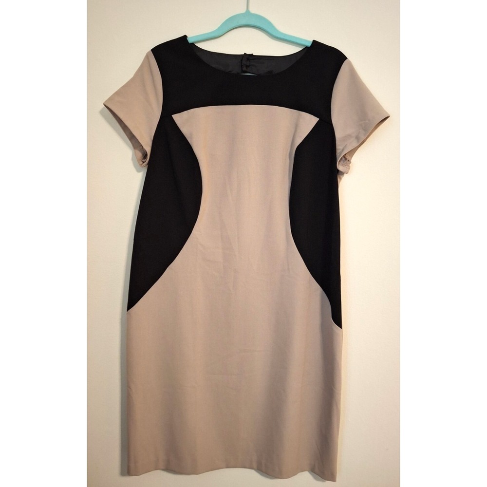 AB Studio Womens 12 Sheath Dress Tan Black Colorblock Cutout Back Career 0336P15